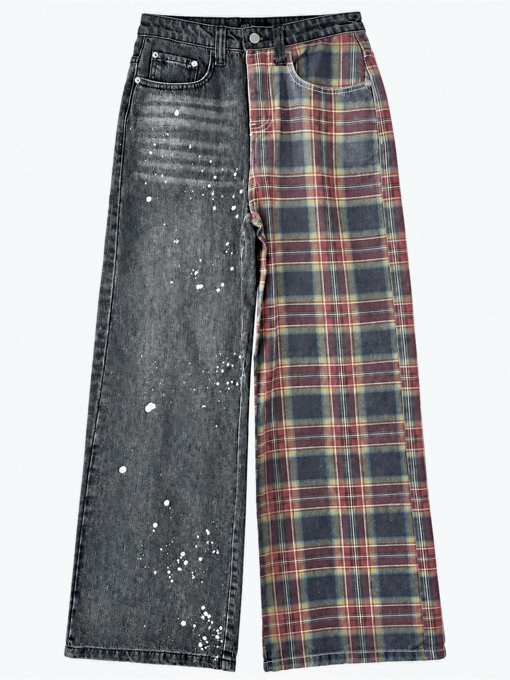 Current Mood Two-Tone Black Denim & Red/Green Plaid Wide-Leg Jeans